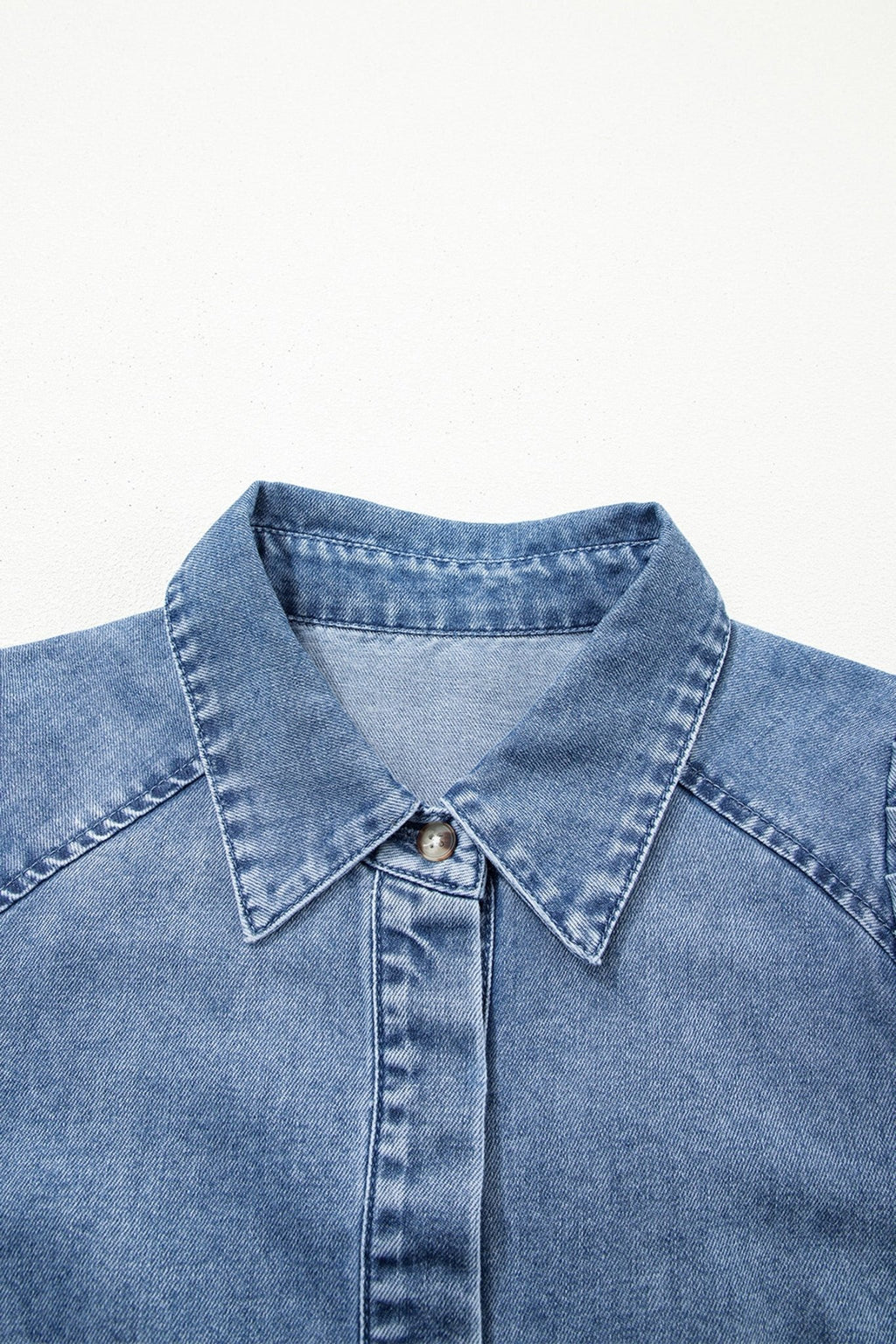 Solid Denim 3/4 Puff Sleeve Collared Shirt - Rooted & Reckless Co.