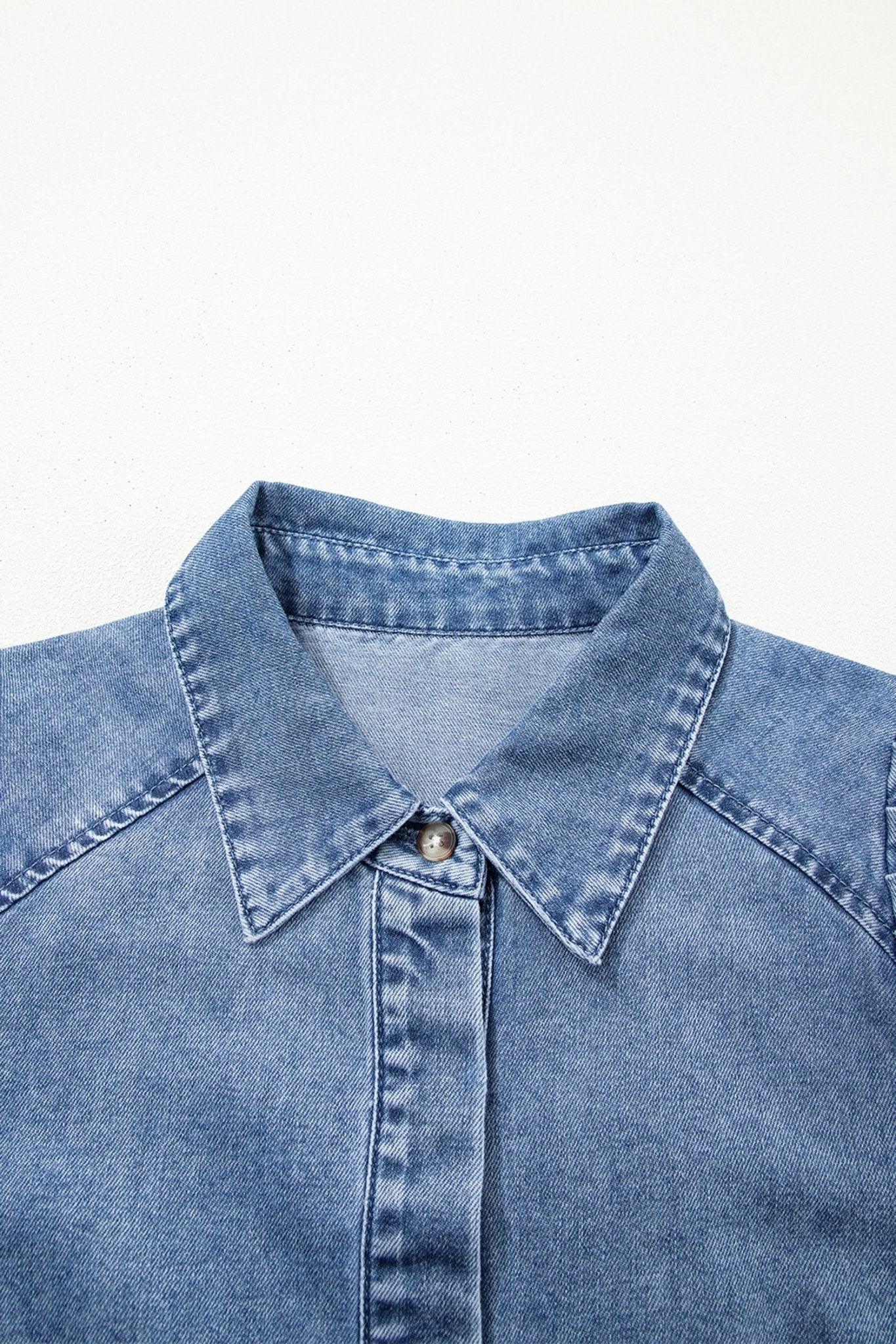 Solid Denim 3/4 Puff Sleeve Collared Shirt - Rooted & Reckless Co.