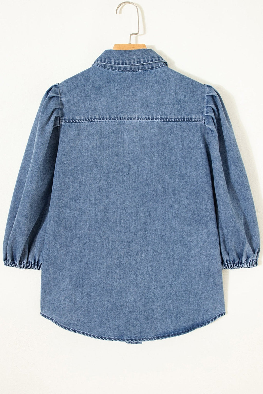 Solid Denim 3/4 Puff Sleeve Collared Shirt - Rooted & Reckless Co.
