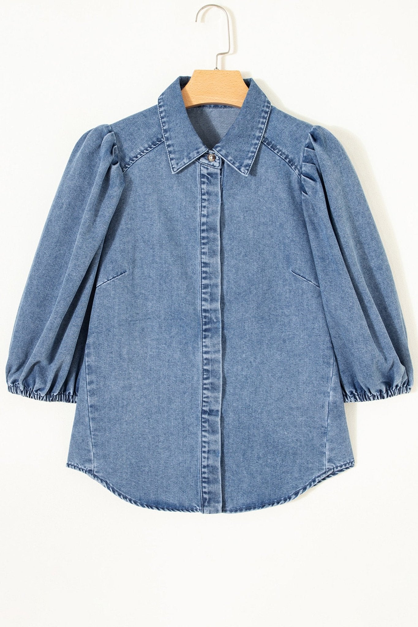 Solid Denim 3/4 Puff Sleeve Collared Shirt - Rooted & Reckless Co.
