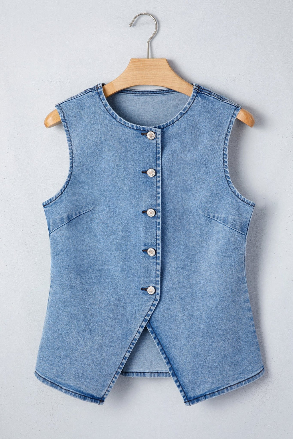 Solid Denim Buttoned Front Slit Vest - Rooted & Reckless Co.