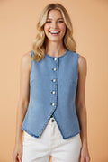 Solid Denim Buttoned Front Slit Vest - Rooted & Reckless Co.