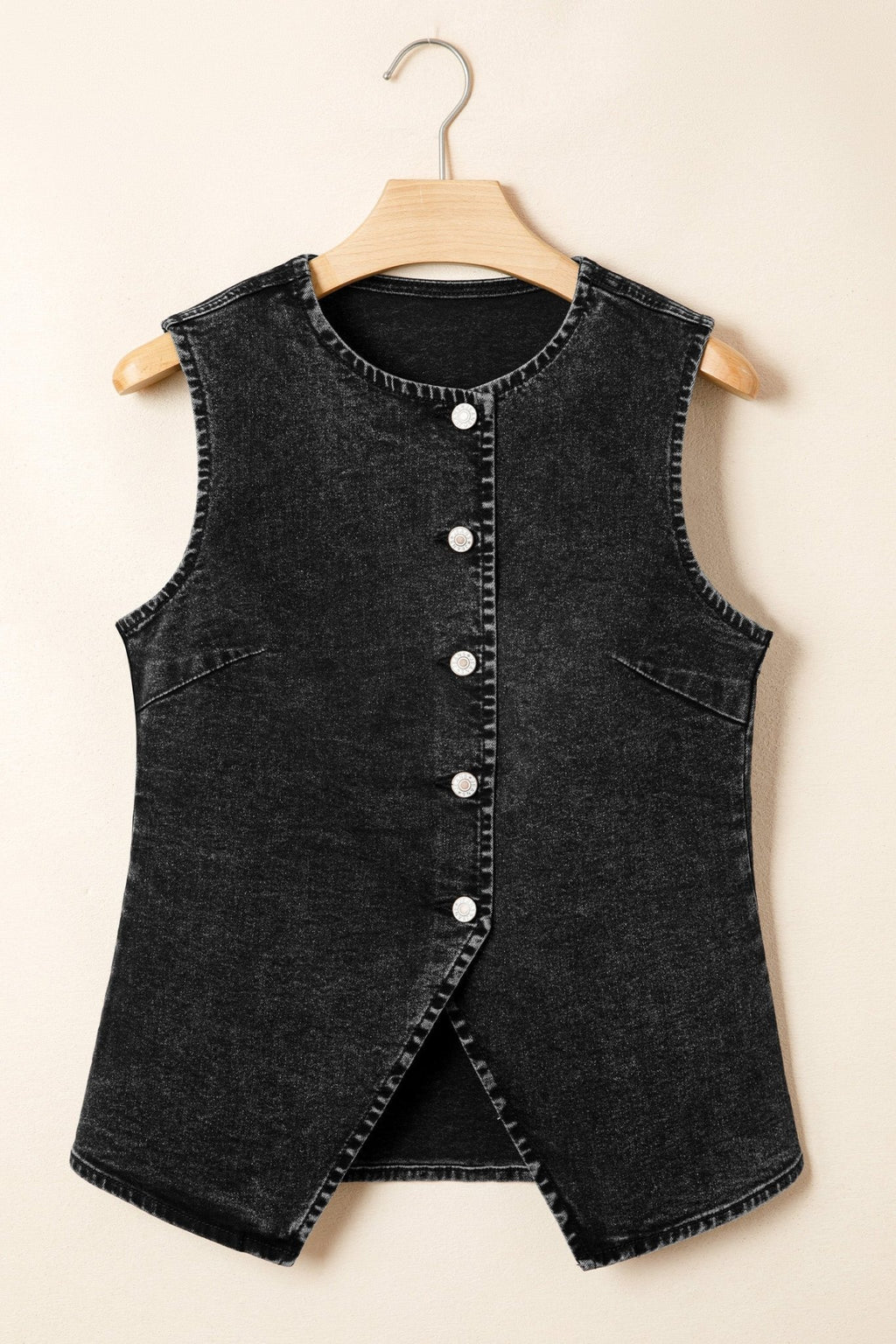 Solid Denim Buttoned Front Slit Vest - Rooted & Reckless Co.