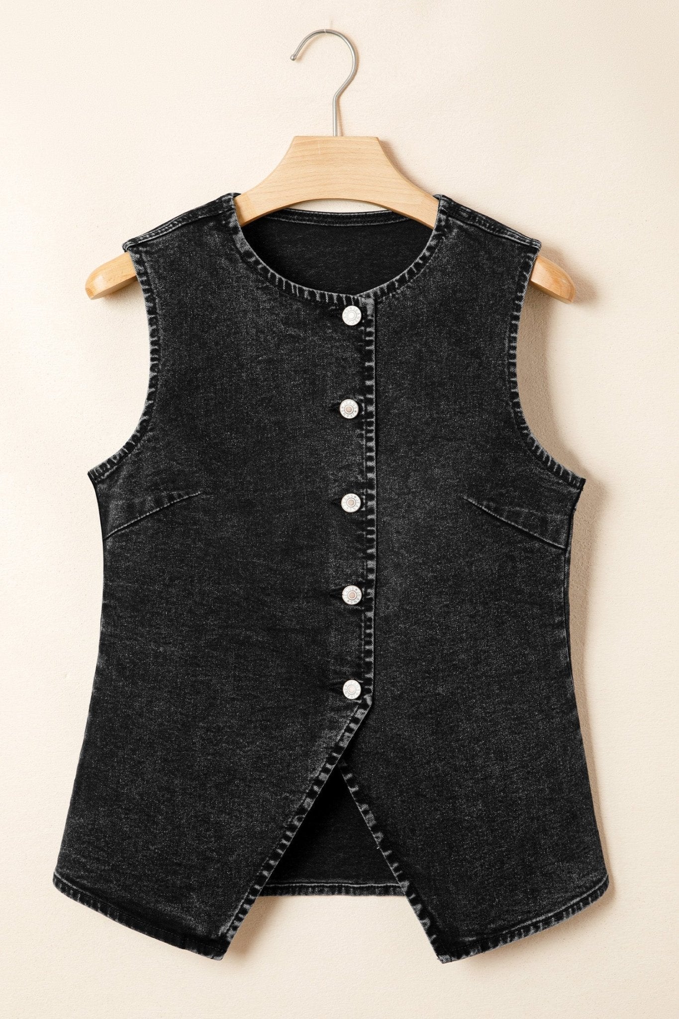 Solid Denim Buttoned Front Slit Vest - Rooted & Reckless Co.