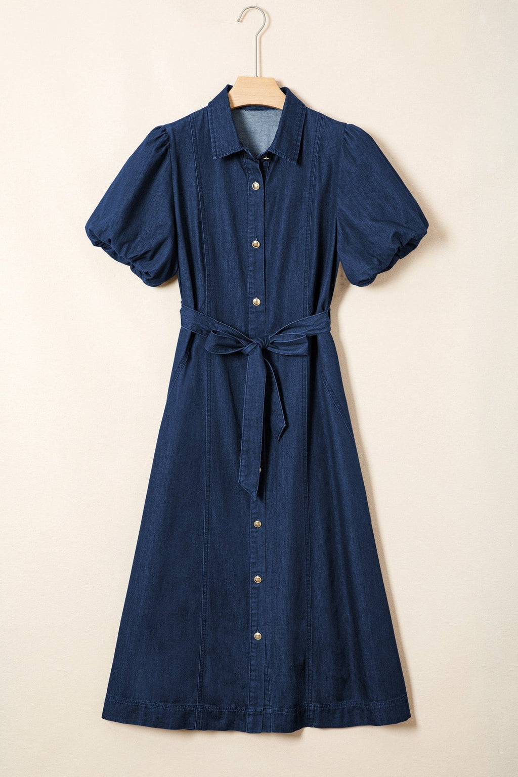 Solid Denim Collared Bubble Sleeve Buttoned Midi Dress - Rooted & Reckless Co.