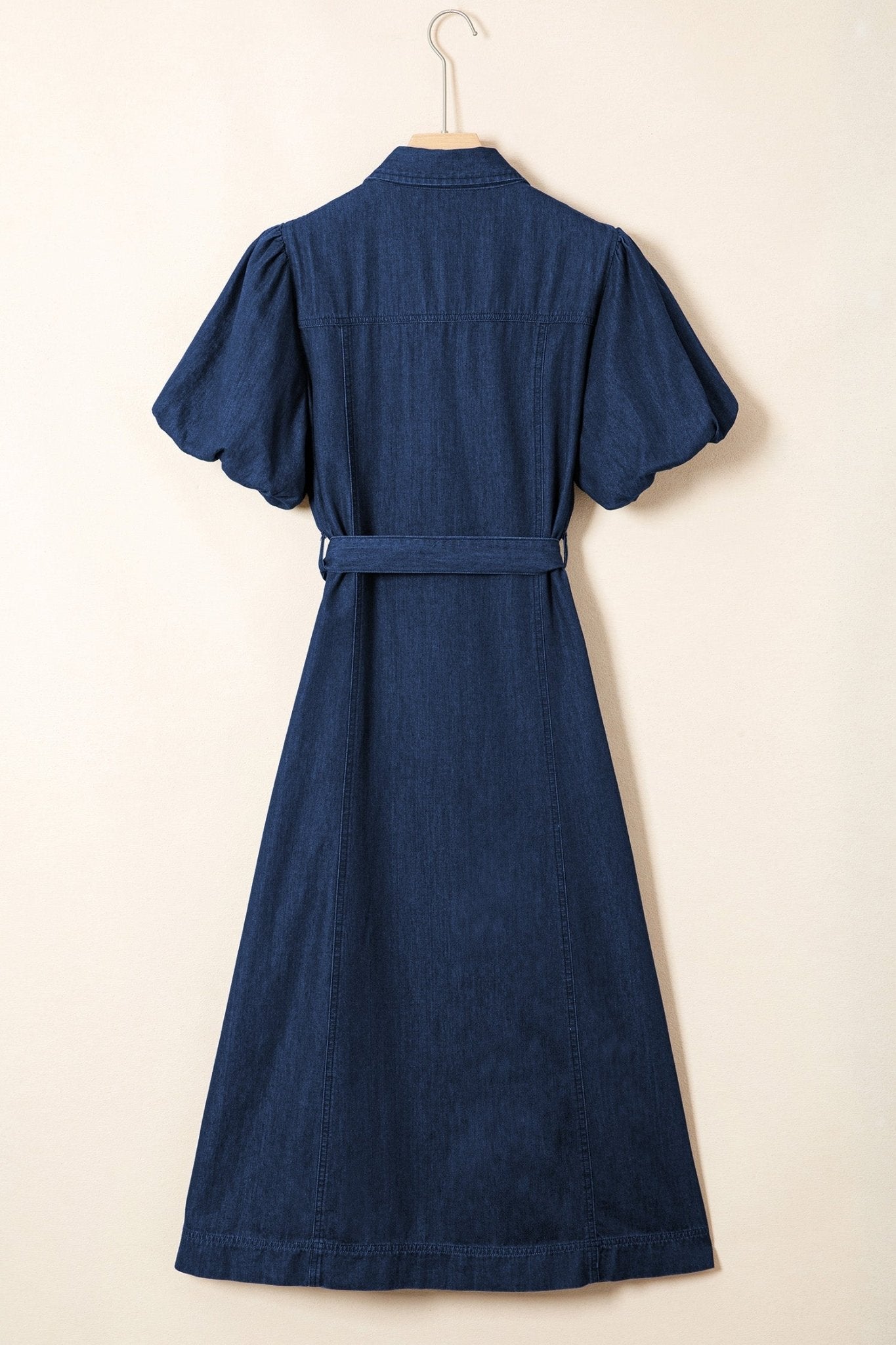 Solid Denim Collared Bubble Sleeve Buttoned Midi Dress - Rooted & Reckless Co.