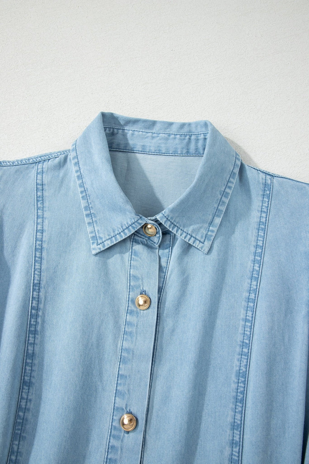 Solid Denim Collared Bubble Sleeve Buttoned Midi Dress - Rooted & Reckless Co.
