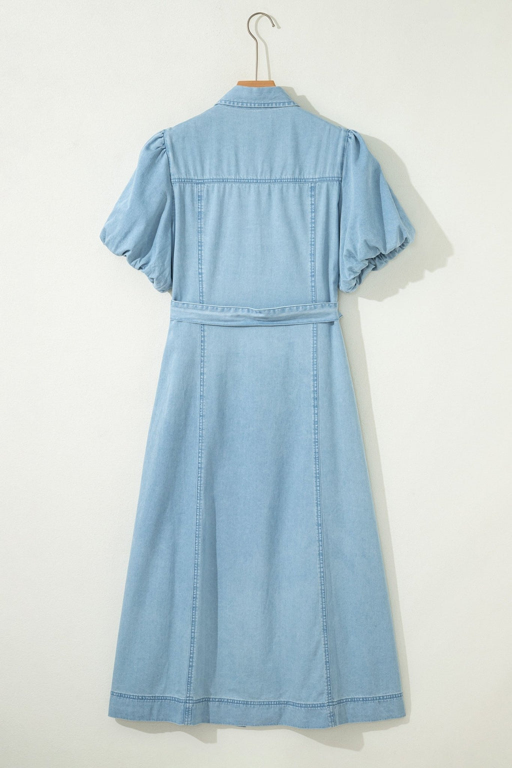Solid Denim Collared Bubble Sleeve Buttoned Midi Dress - Rooted & Reckless Co.