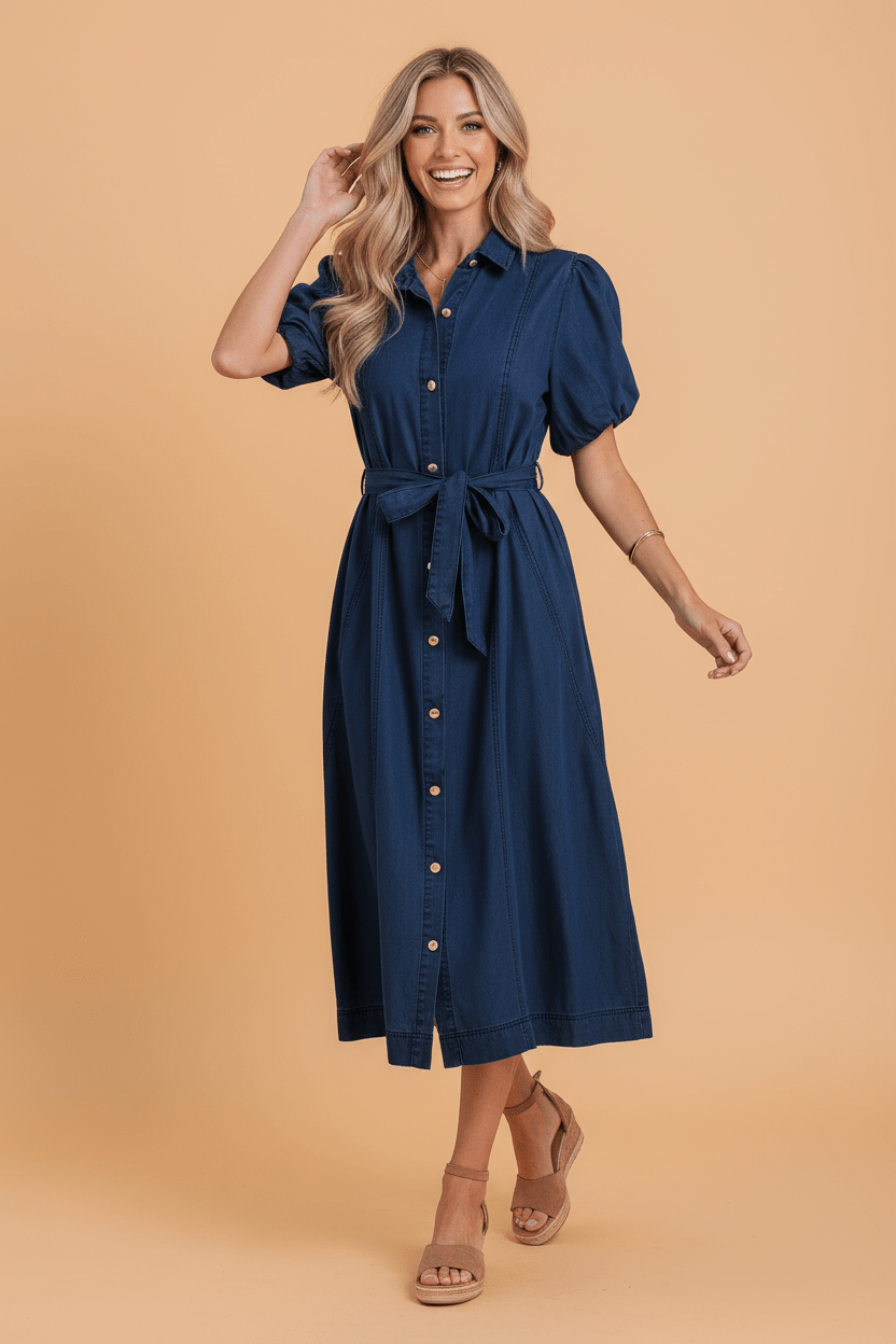 Solid Denim Collared Bubble Sleeve Buttoned Midi Dress - Rooted & Reckless Co.
