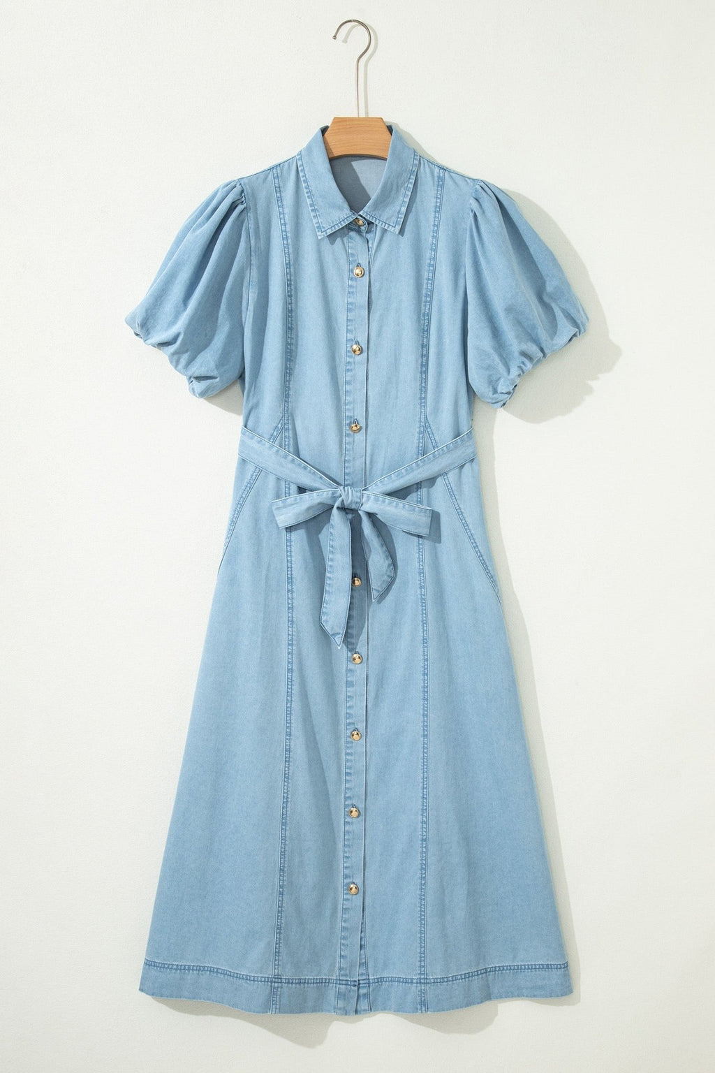 Solid Denim Collared Bubble Sleeve Buttoned Midi Dress - Rooted & Reckless Co.