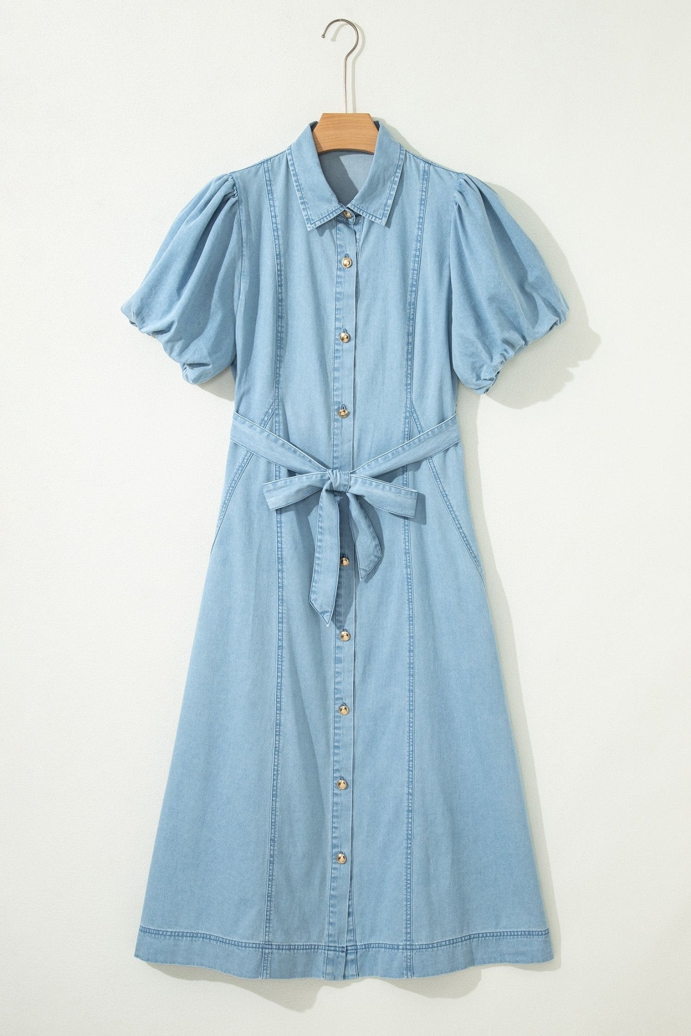 Solid Denim Collared Bubble Sleeve Buttoned Midi Dress - Rooted & Reckless Co.