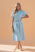 Solid Denim Collared Bubble Sleeve Buttoned Midi Dress - Rooted & Reckless Co.