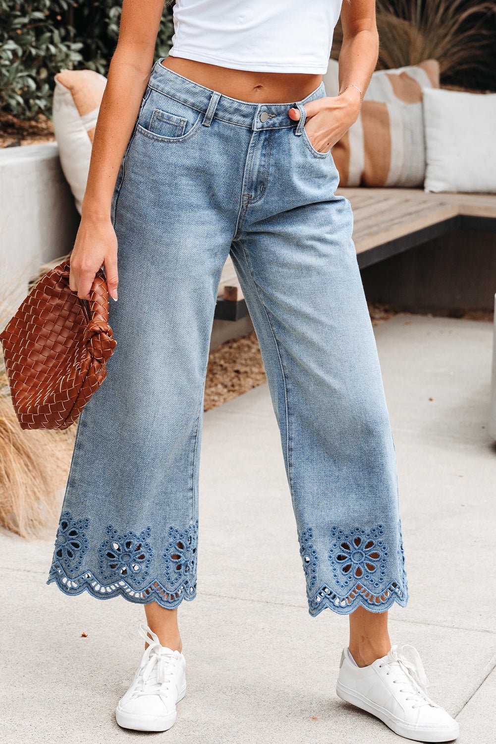 Solid Denim Embroidered Wide Leg Jeans - Rooted & Reckless Co.