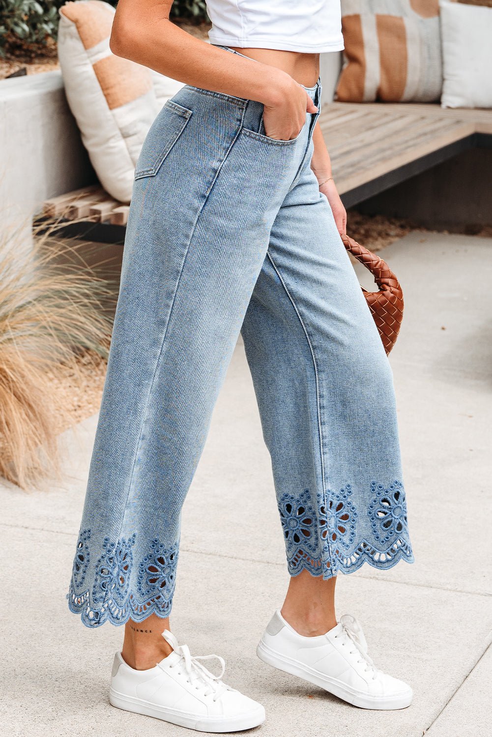 Solid Denim Embroidered Wide Leg Jeans - Rooted & Reckless Co.