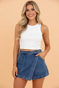 Solid Denim Faux Wrap Mini Skort - Rooted & Reckless Co.