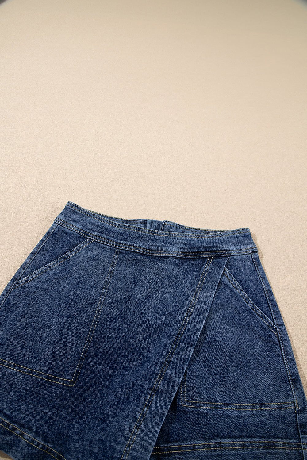 Solid Denim Faux Wrap Mini Skort - Rooted & Reckless Co.