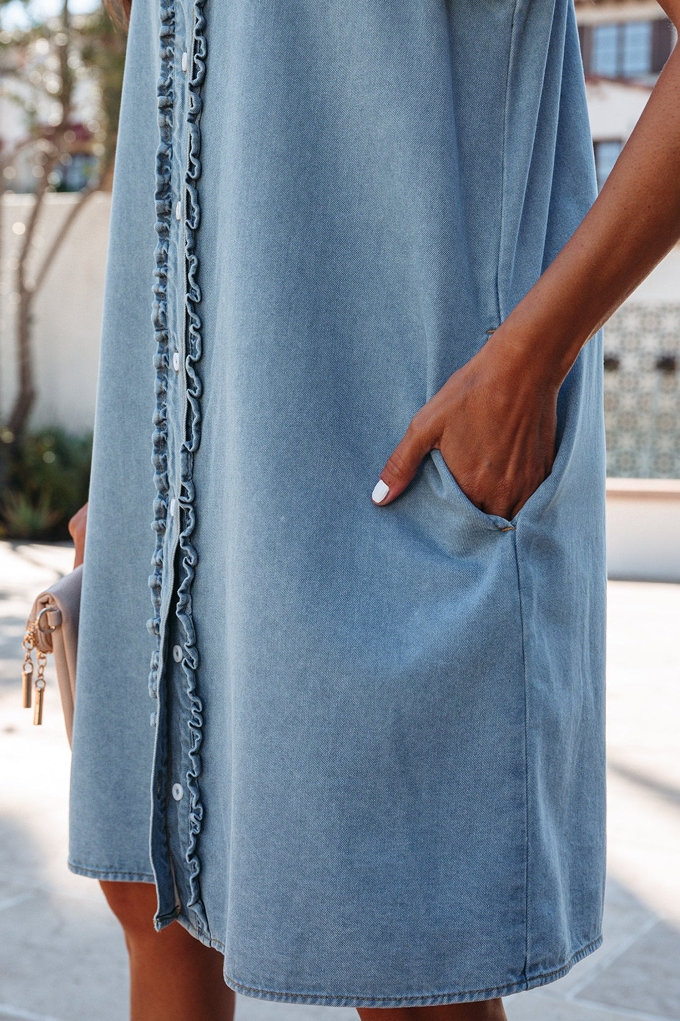 Solid Denim Frilled Ruffle Sleeve Buttoned Mini Dress - Rooted & Reckless Co.