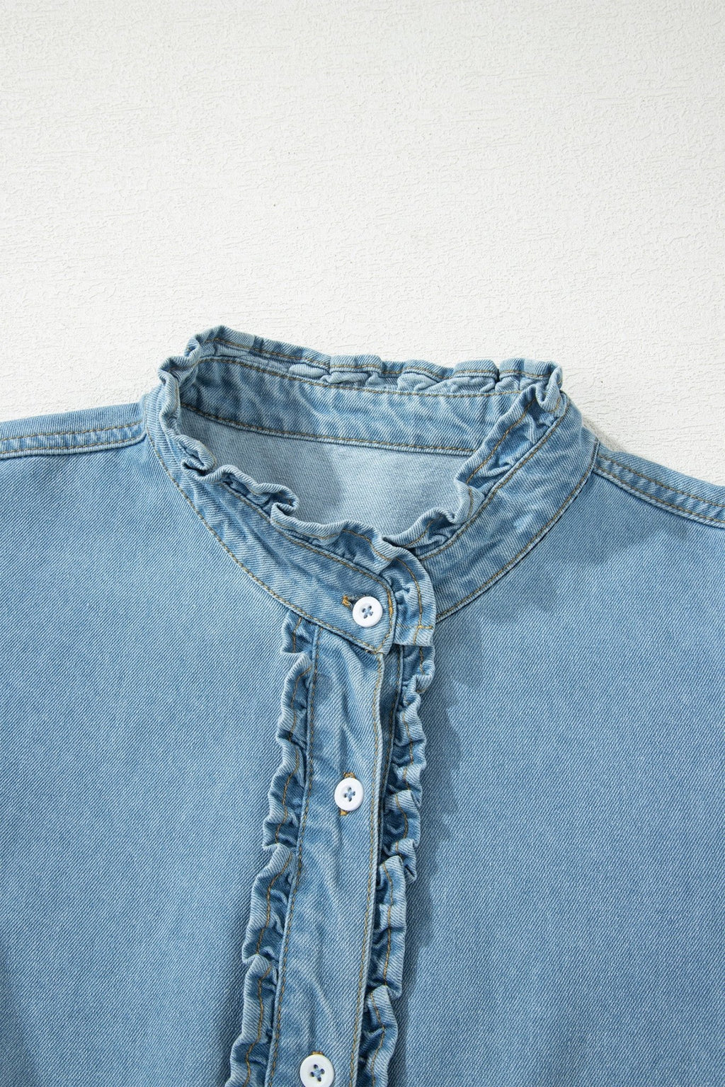 Solid Denim Frilled Ruffle Sleeve Buttoned Mini Dress - Rooted & Reckless Co.