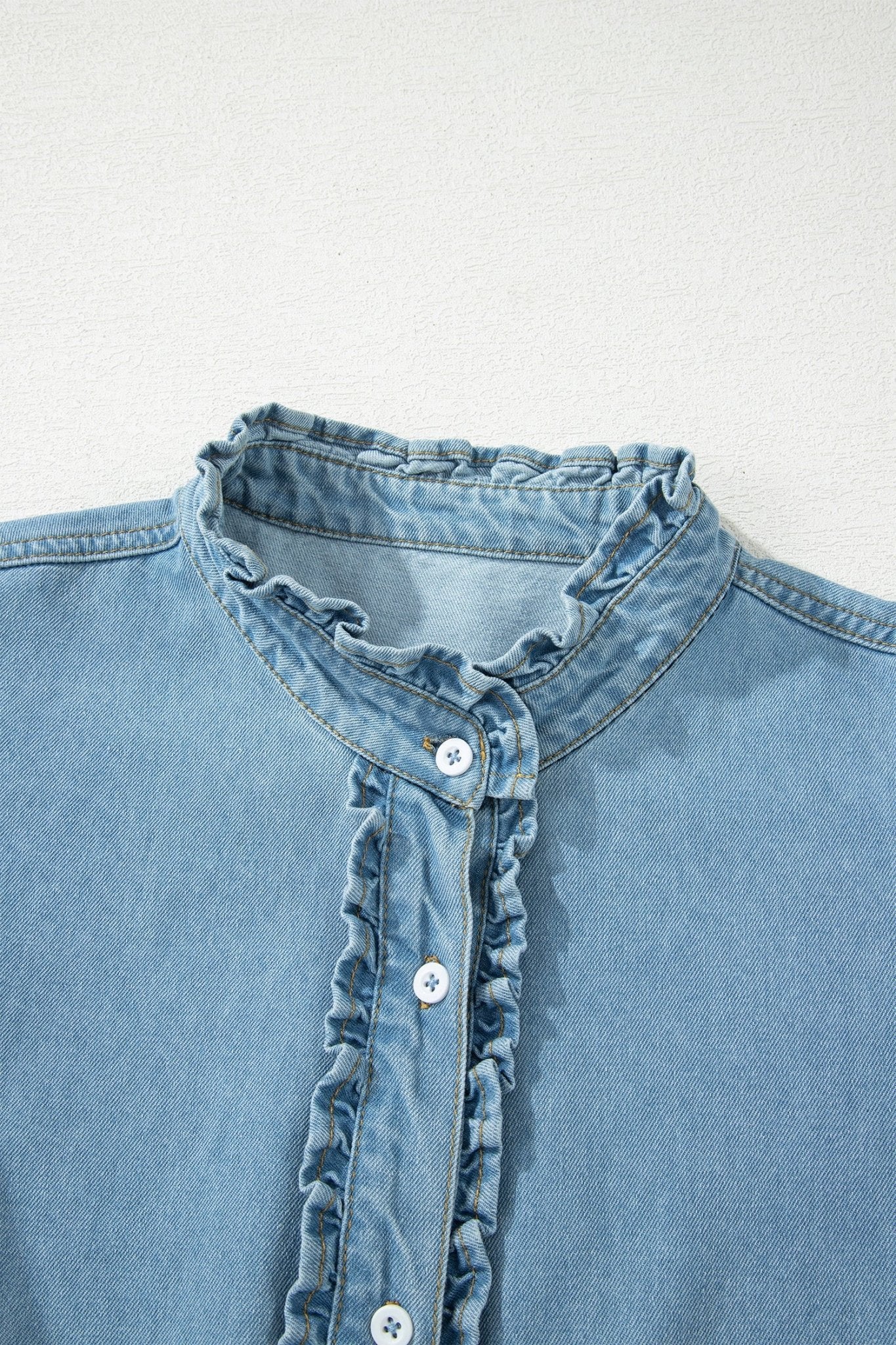 Solid Denim Frilled Ruffle Sleeve Buttoned Mini Dress - Rooted & Reckless Co.