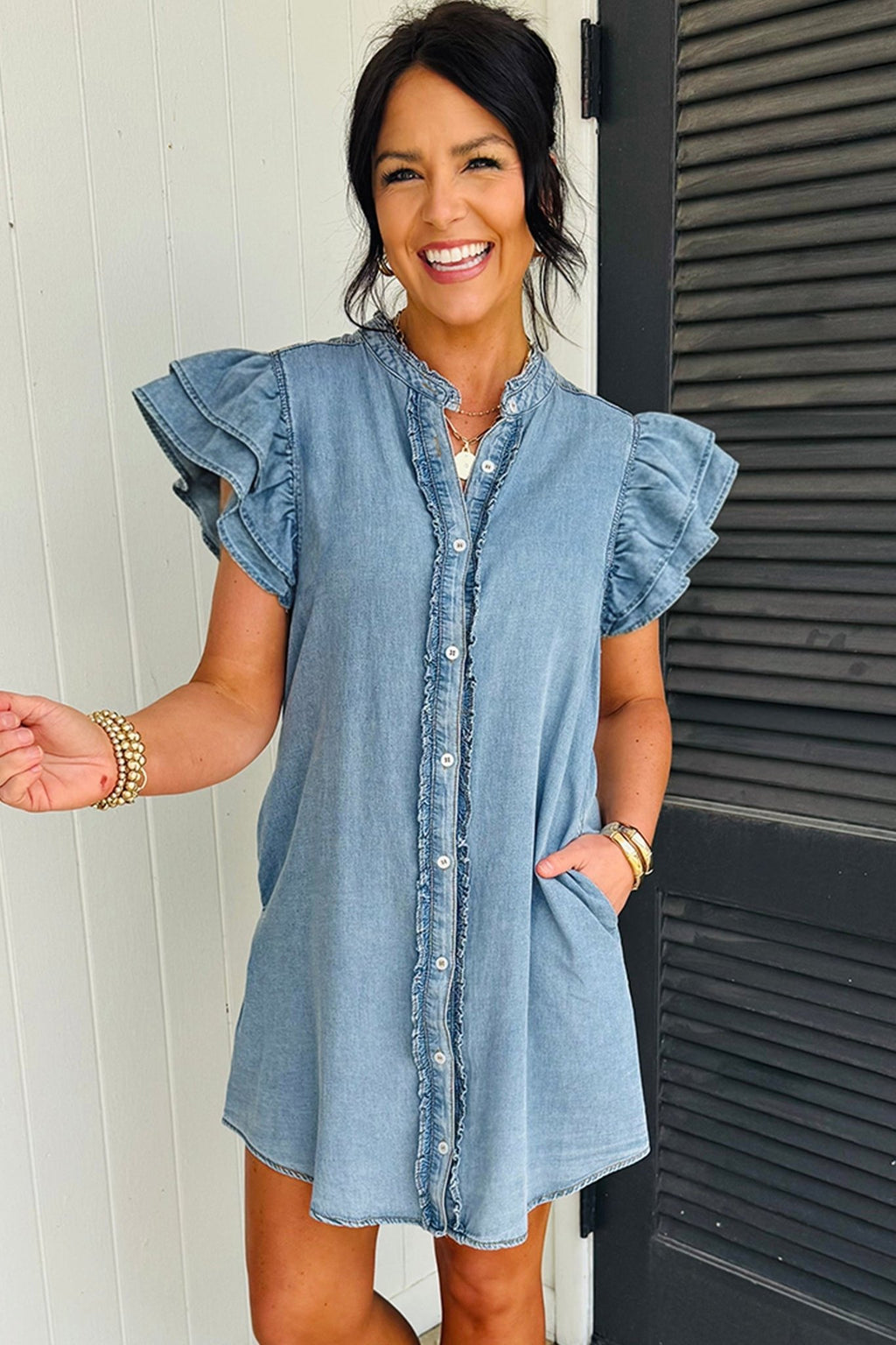 Solid Denim Frilled Ruffle Sleeve Buttoned Mini Dress - Rooted & Reckless Co.