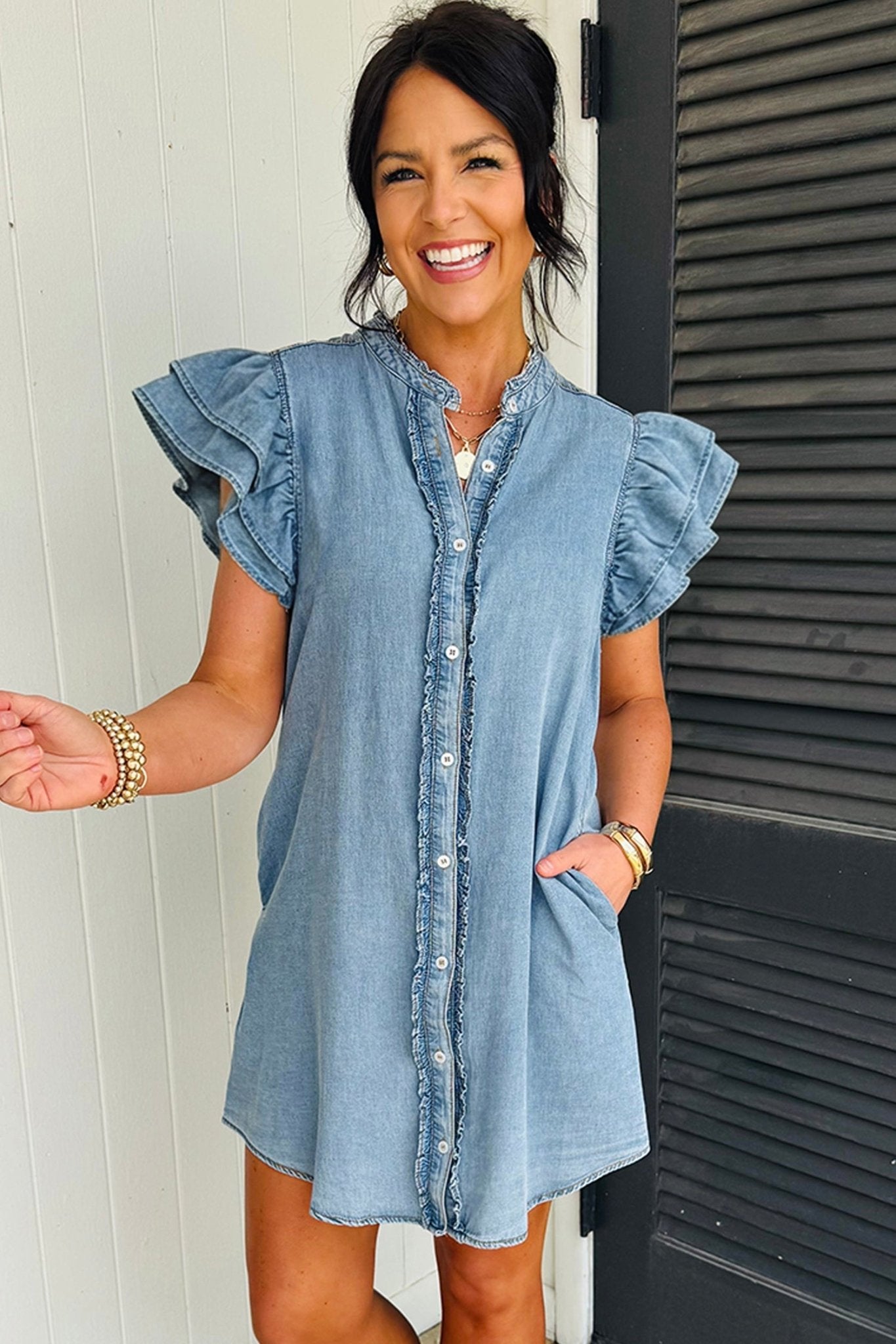 Solid Denim Frilled Ruffle Sleeve Buttoned Mini Dress - Rooted & Reckless Co.