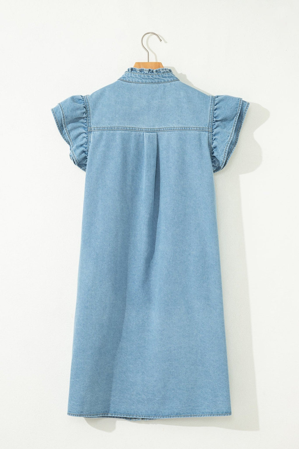 Solid Denim Frilled Ruffle Sleeve Buttoned Mini Dress - Rooted & Reckless Co.