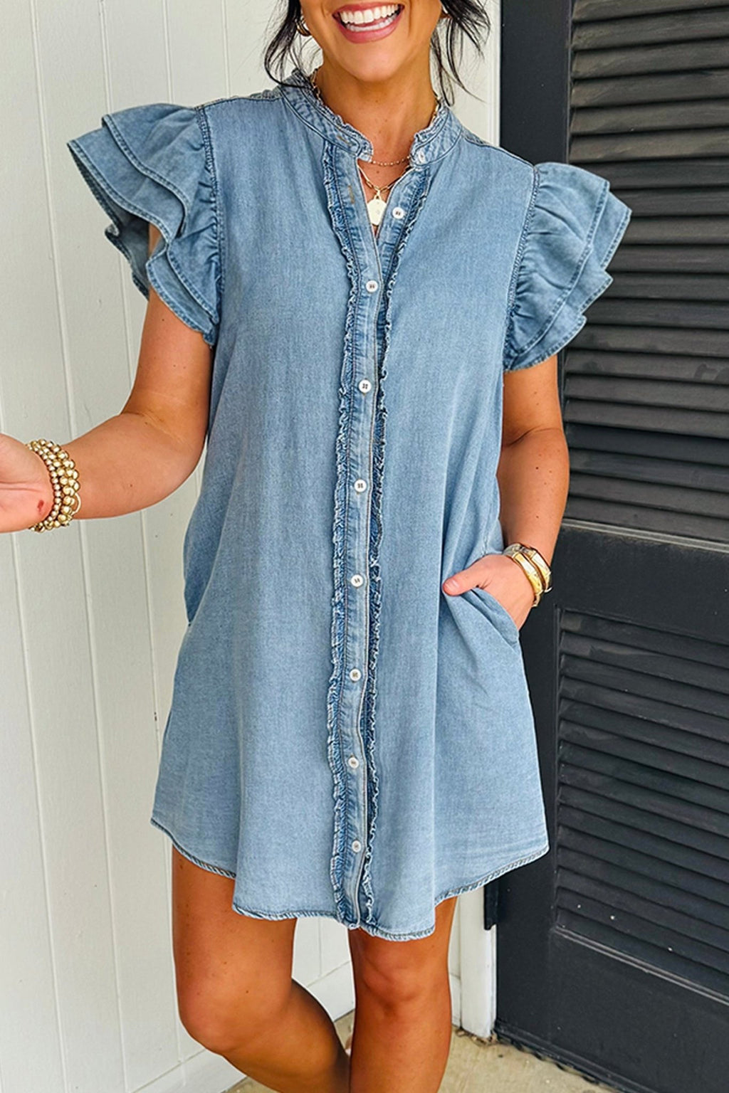 Solid Denim Frilled Ruffle Sleeve Buttoned Mini Dress - Rooted & Reckless Co.