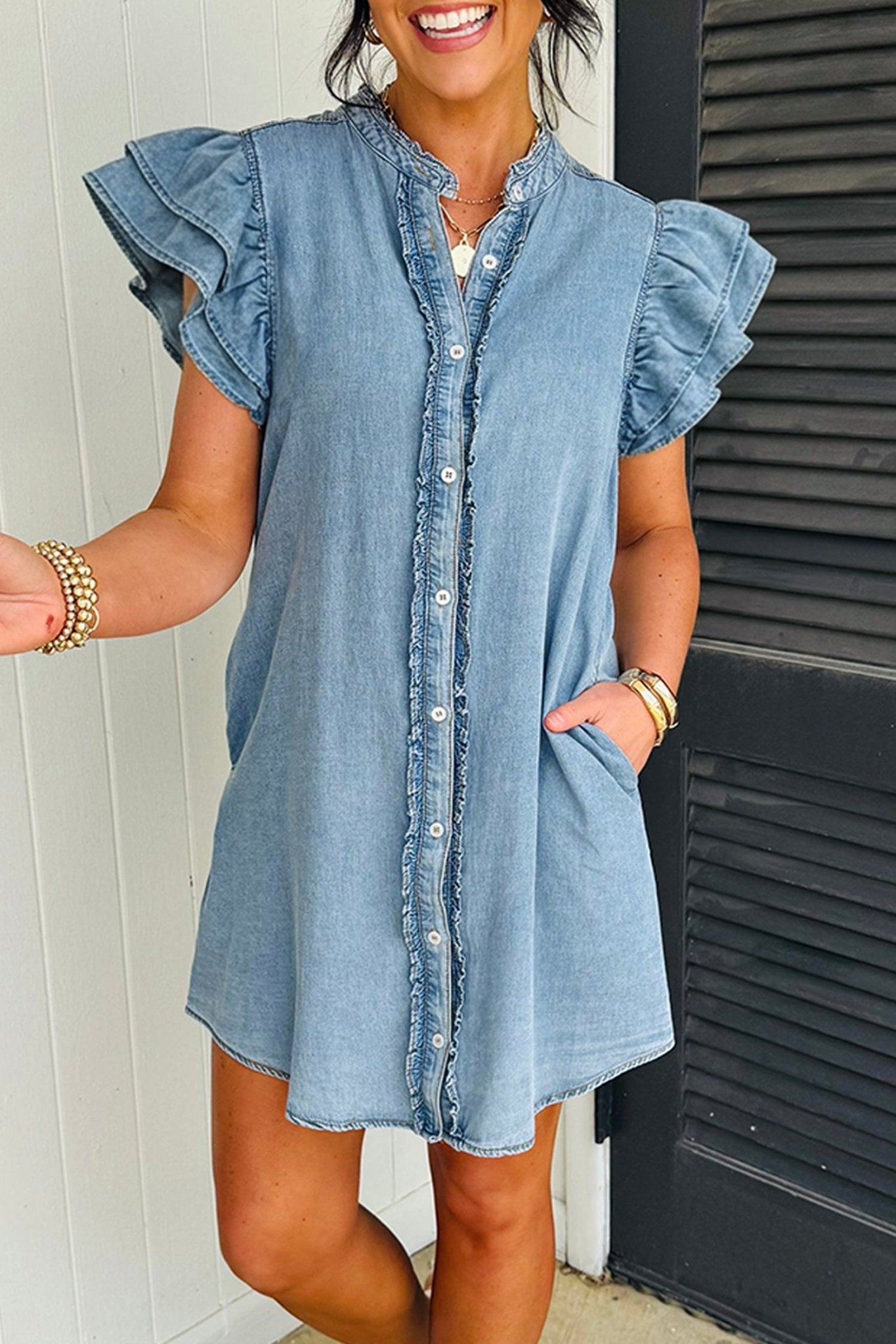 Solid Denim Frilled Ruffle Sleeve Buttoned Mini Dress - Rooted & Reckless Co.
