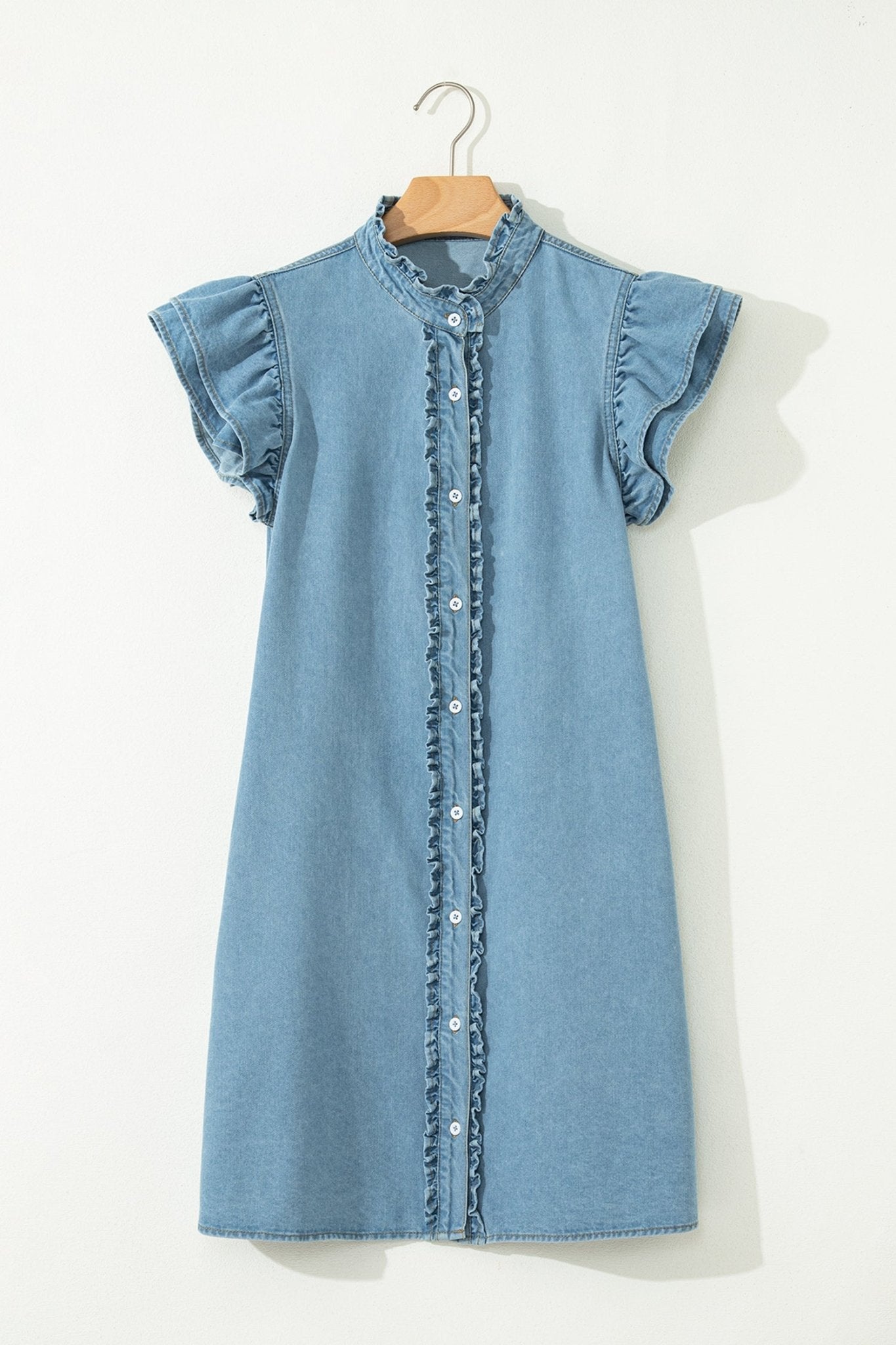 Solid Denim Frilled Ruffle Sleeve Buttoned Mini Dress - Rooted & Reckless Co.