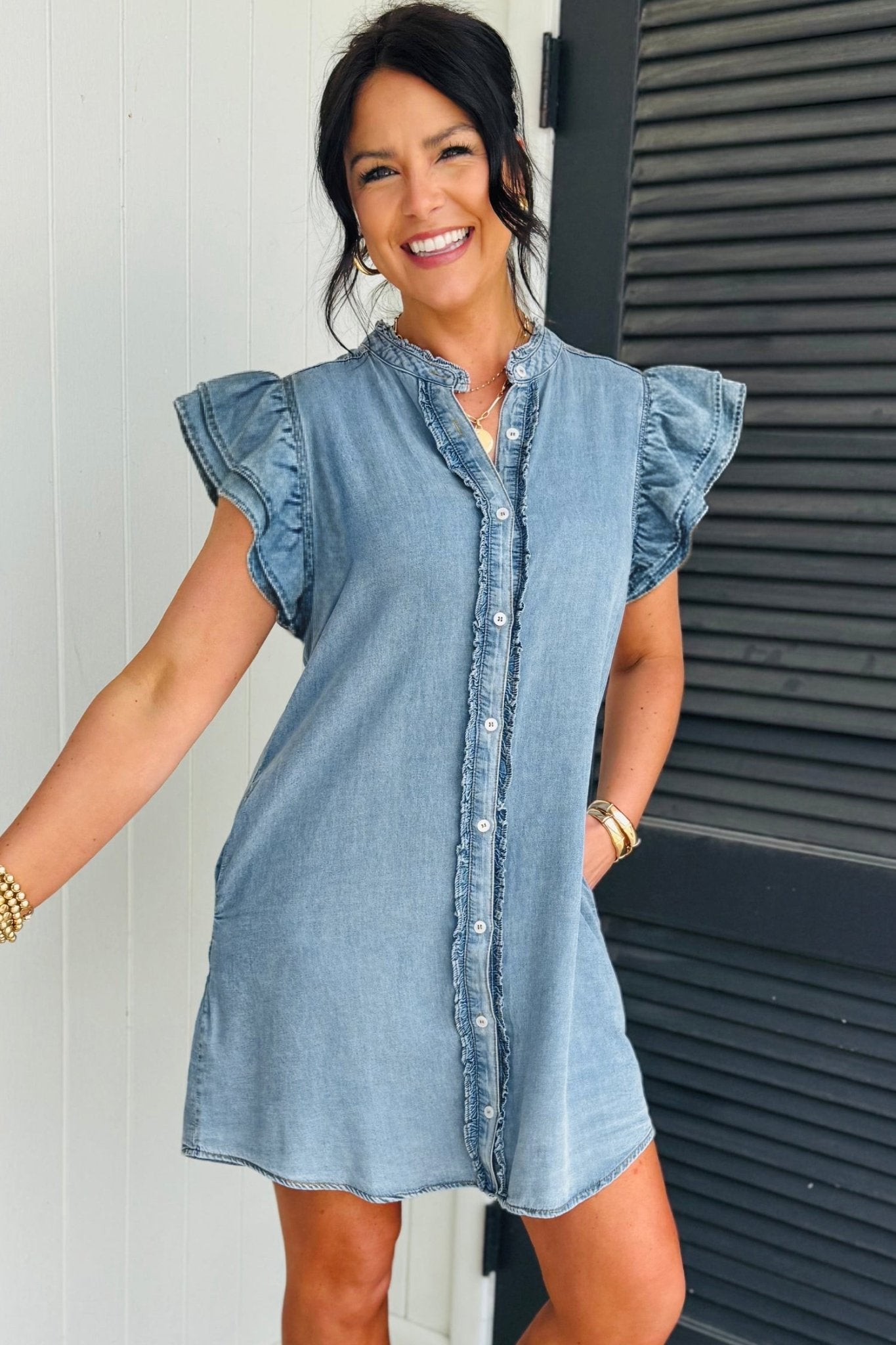 Solid Denim Frilled Ruffle Sleeve Buttoned Mini Dress - Rooted & Reckless Co.