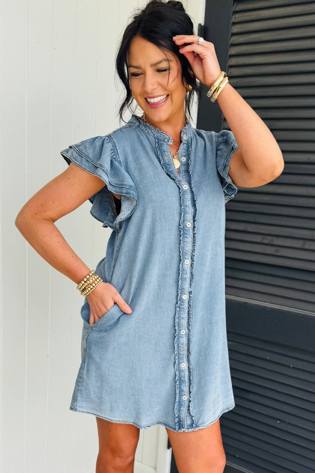Solid Denim Frilled Ruffle Sleeve Buttoned Mini Dress - Rooted & Reckless Co.