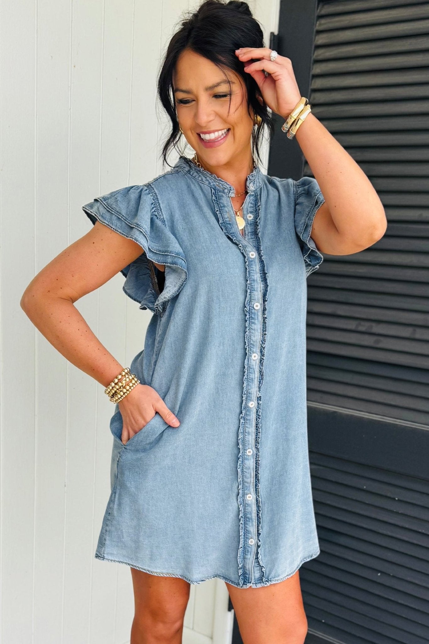 Solid Denim Frilled Ruffle Sleeve Buttoned Mini Dress - Rooted & Reckless Co.