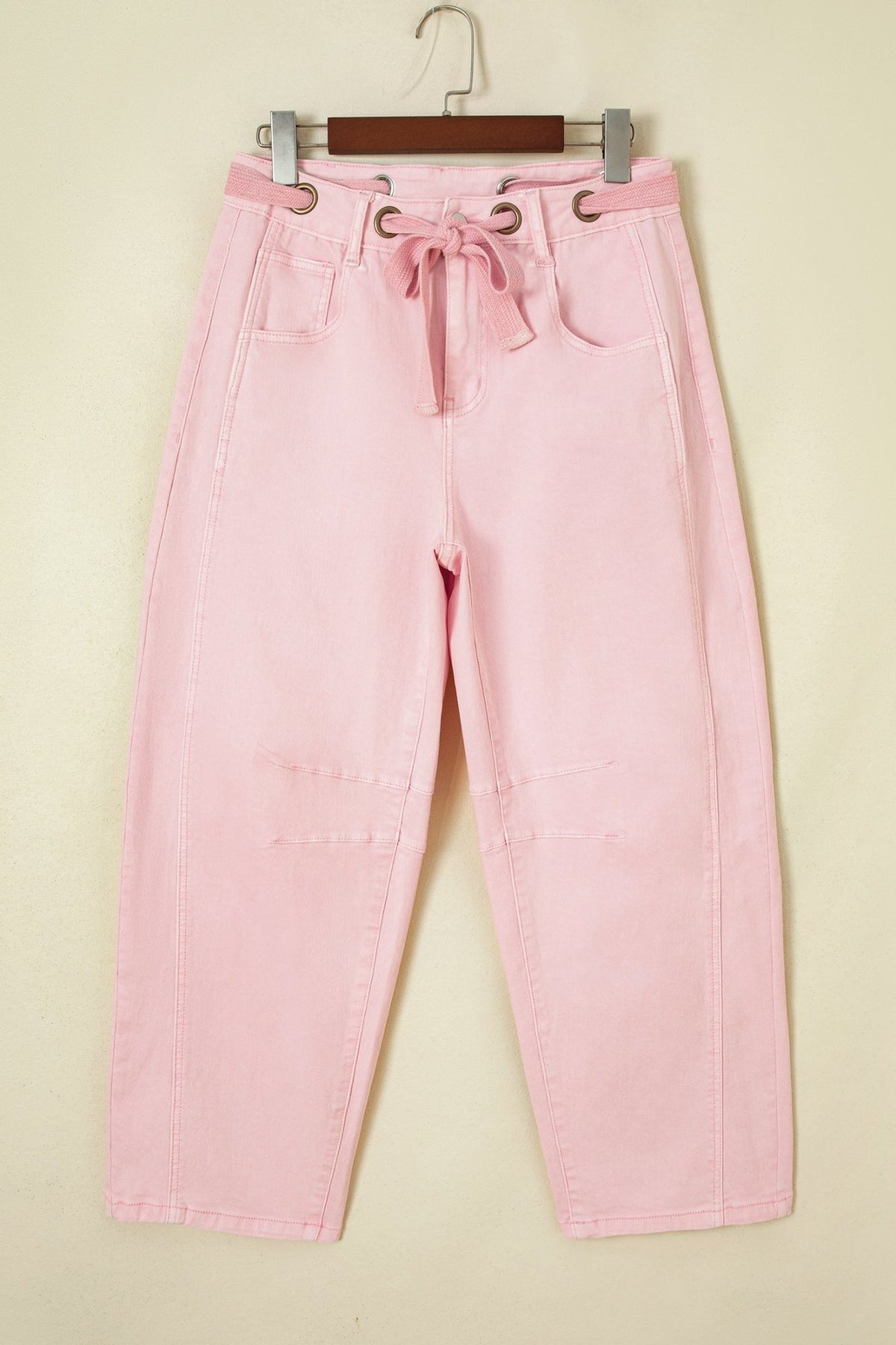 Solid Denim Grommet Tie Waist Barrel Leg Jeans - Rooted & Reckless Co.