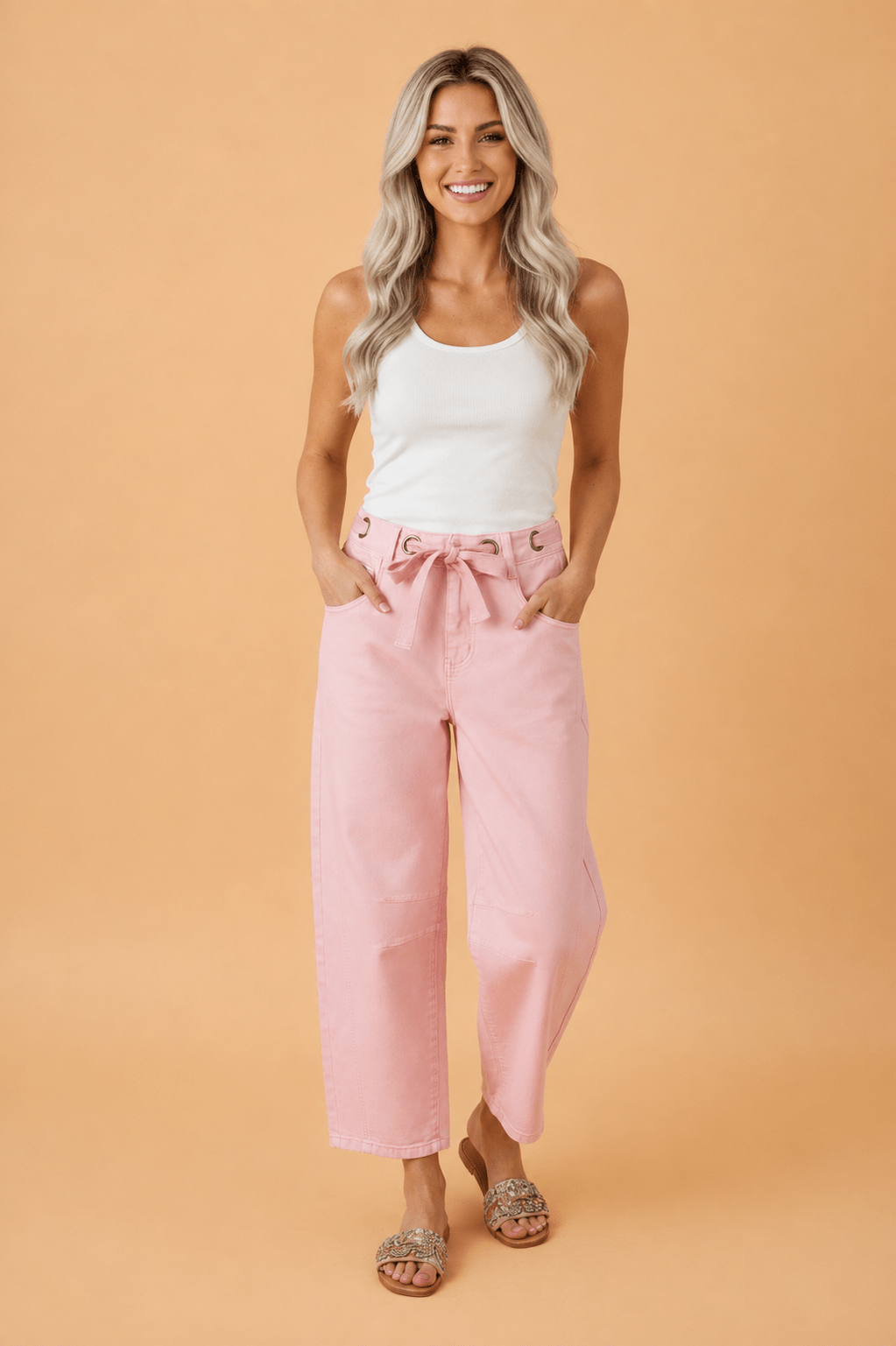 Solid Denim Grommet Tie Waist Barrel Leg Jeans - Rooted & Reckless Co.
