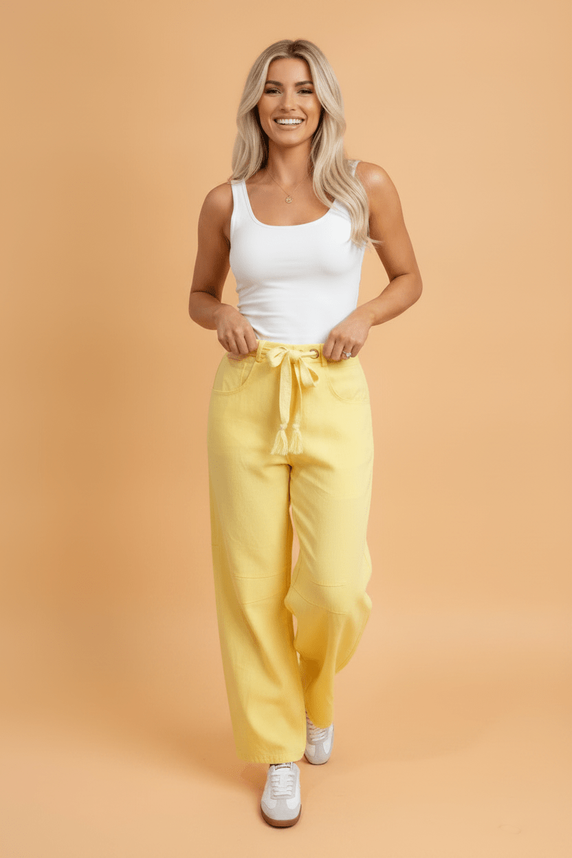 Solid Denim Grommet Tie Waist Barrel Leg Jeans - Rooted & Reckless Co.