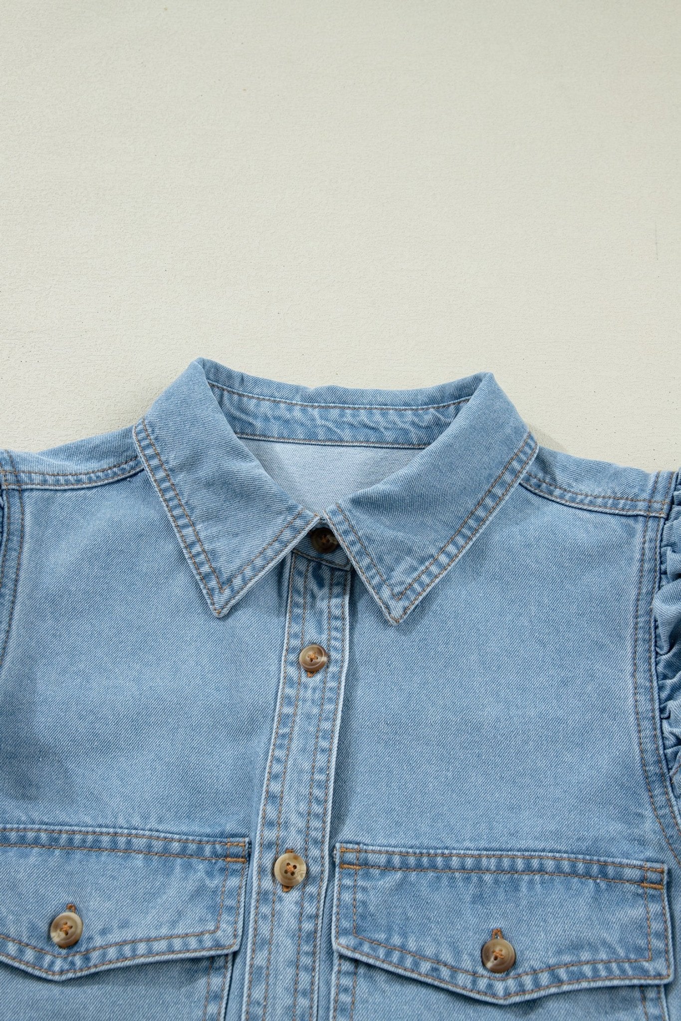 Solid Denim Ruffle Puff Sleeve Buttoned Shirt - Rooted & Reckless Co.
