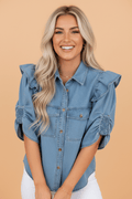 Solid Denim Ruffle Puff Sleeve Buttoned Shirt - Rooted & Reckless Co.