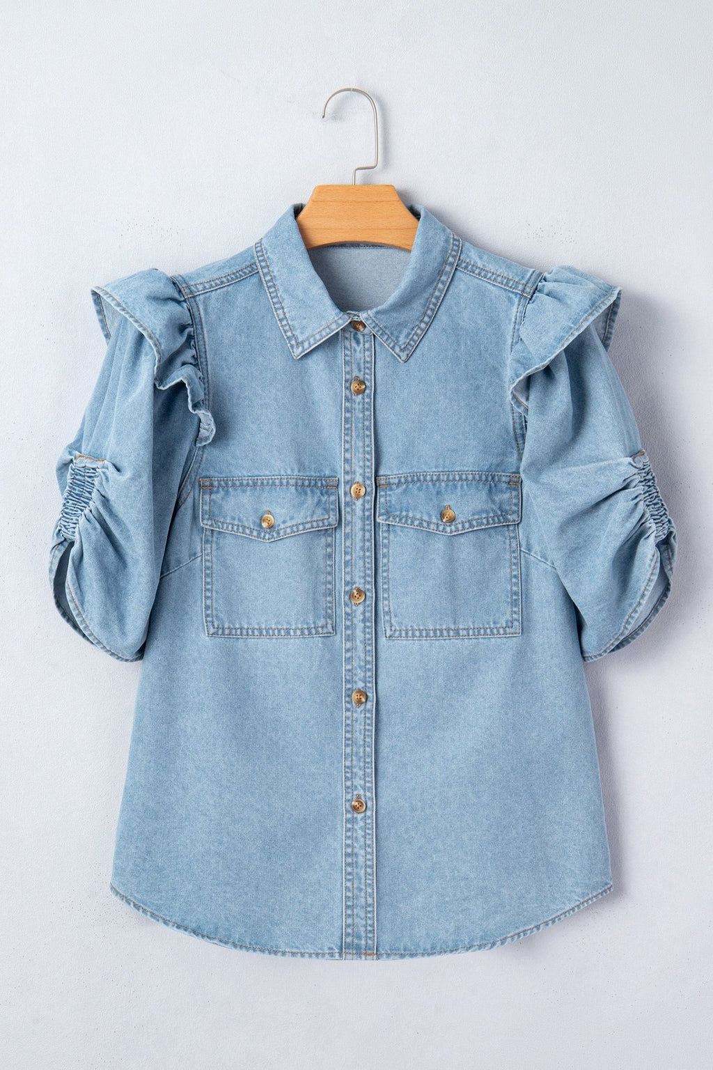 Solid Denim Ruffle Puff Sleeve Buttoned Shirt - Rooted & Reckless Co.
