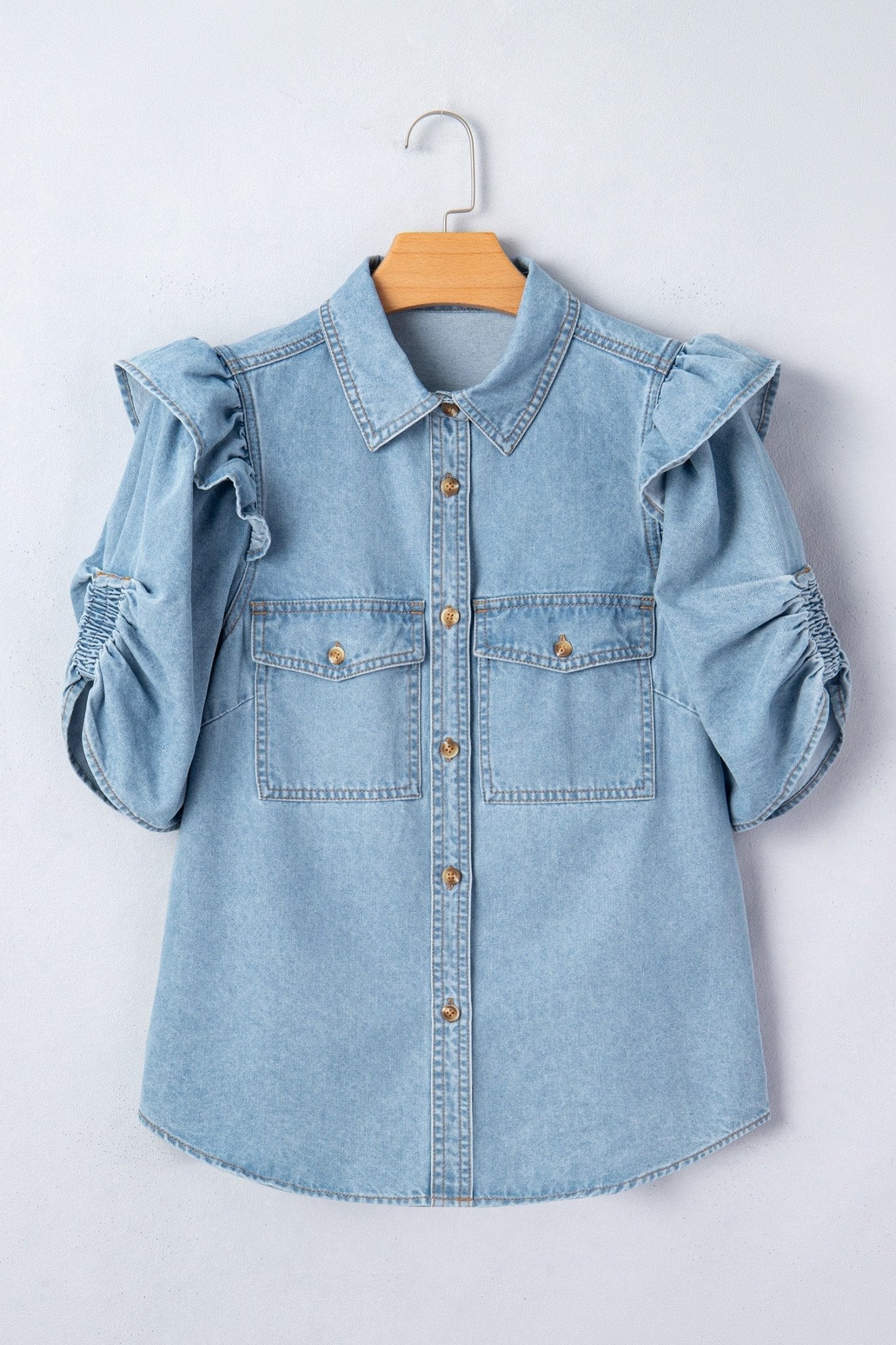 Solid Denim Ruffle Puff Sleeve Buttoned Shirt - Rooted & Reckless Co.