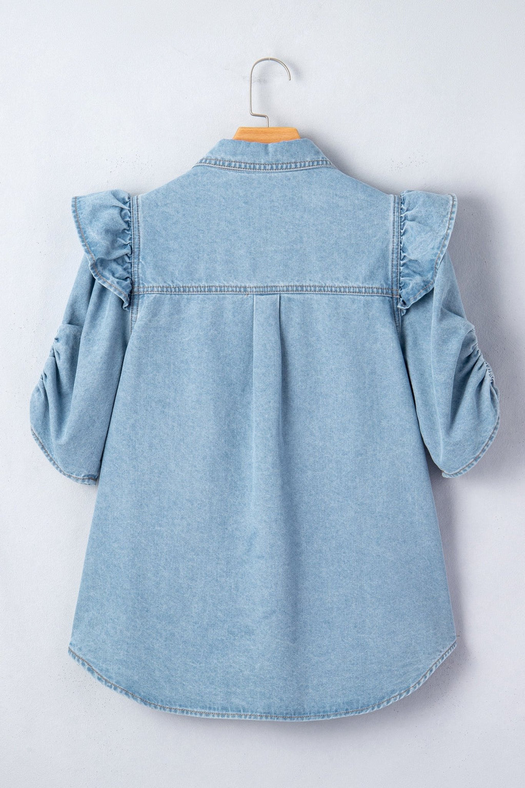 Solid Denim Ruffle Puff Sleeve Buttoned Shirt - Rooted & Reckless Co.