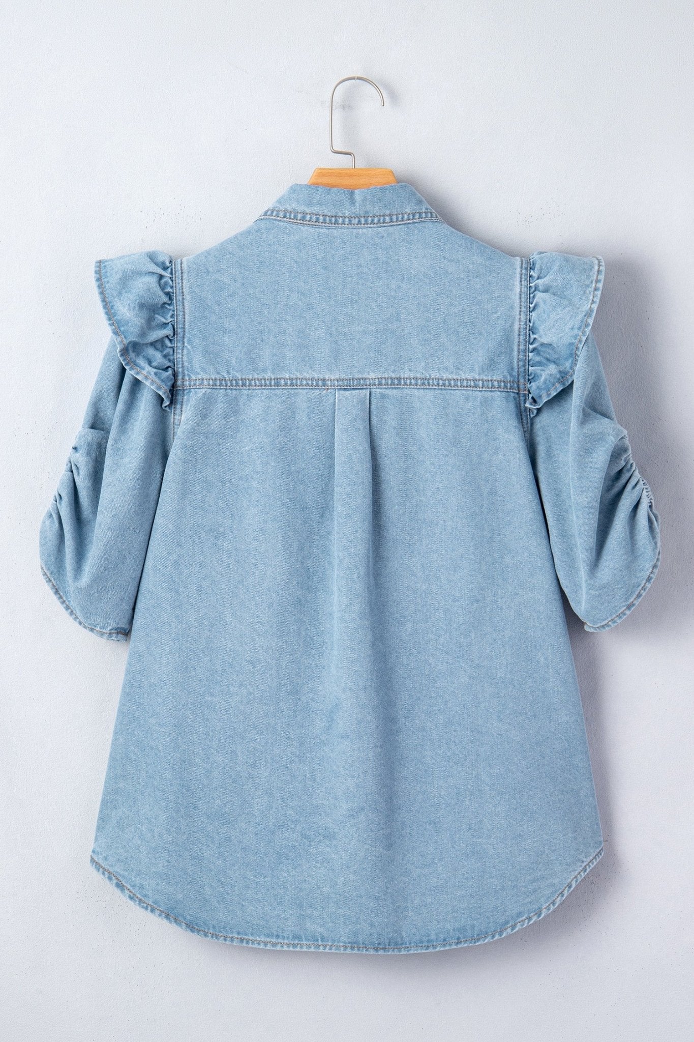 Solid Denim Ruffle Puff Sleeve Buttoned Shirt - Rooted & Reckless Co.