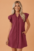 Solid Denim Ruffle Short Sleeve Buttoned Mini Dress - Rooted & Reckless Co.