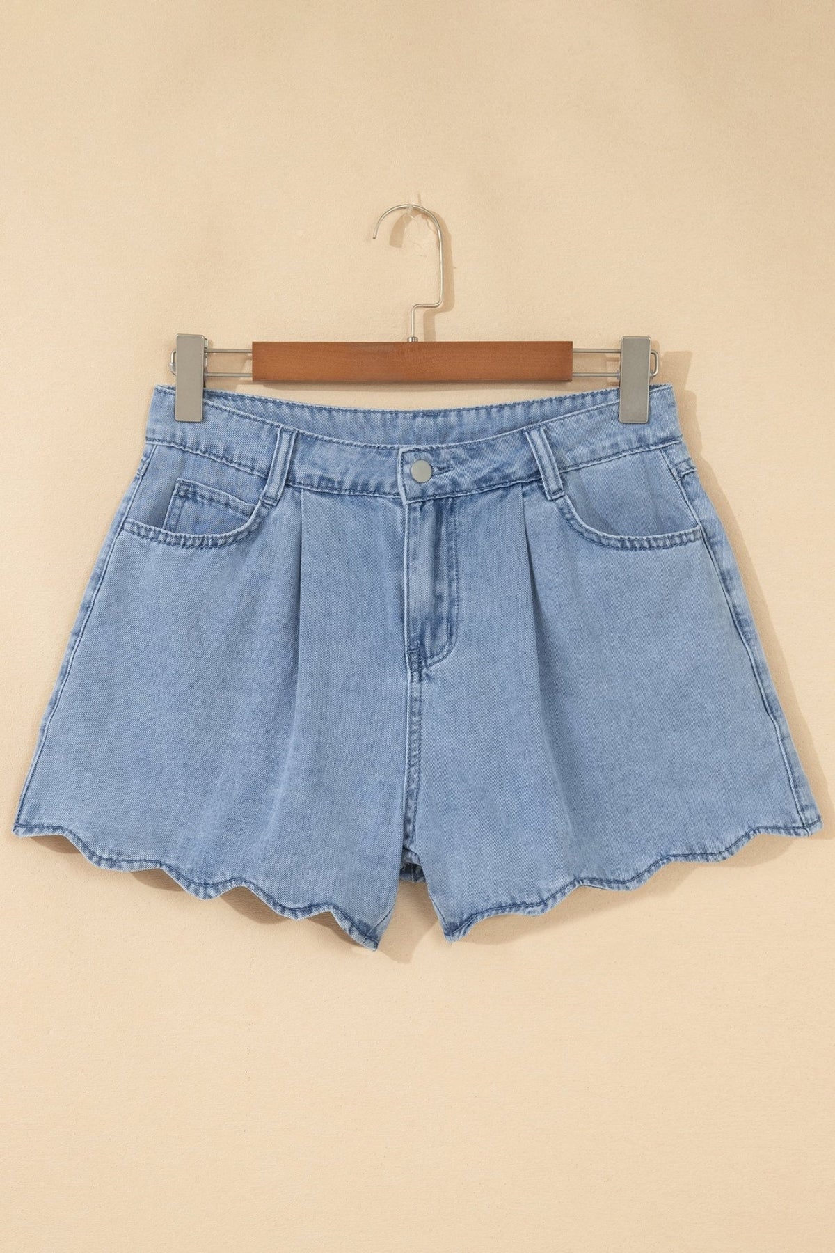 Solid Denim Scalloped Trim High Waist Shorts - Rooted & Reckless Co.