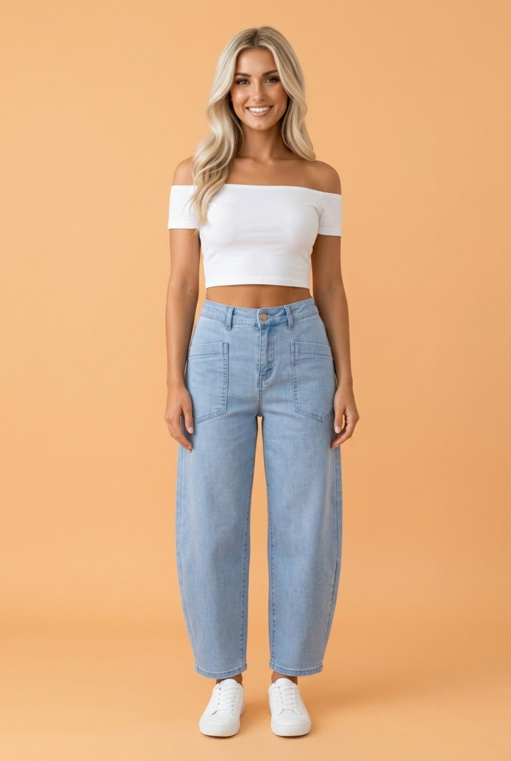 Solid Denim Square Patch Pocket Ankle Length Barrel Jeans - Rooted & Reckless Co.
