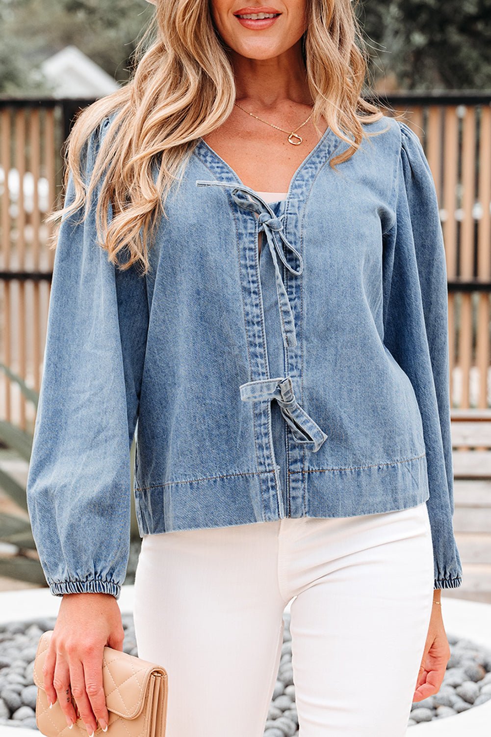 Solid Denim Tie-Front Puff Sleeve Top - Rooted & Reckless Co.