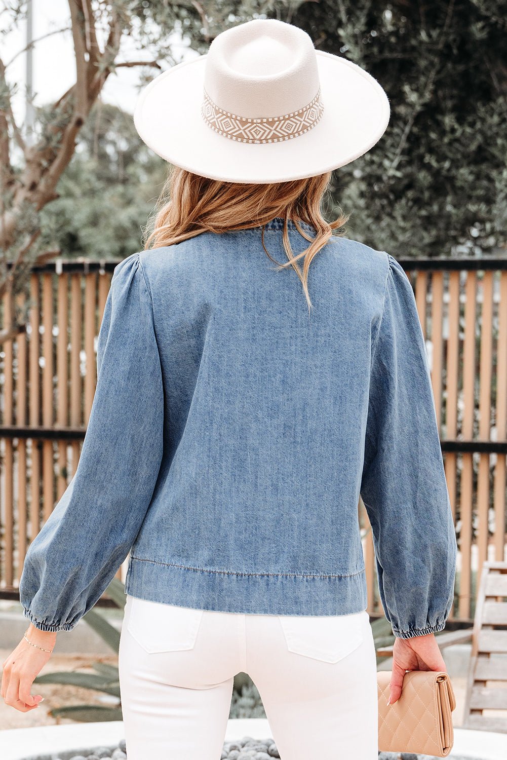 Solid Denim Tie-Front Puff Sleeve Top - Rooted & Reckless Co.