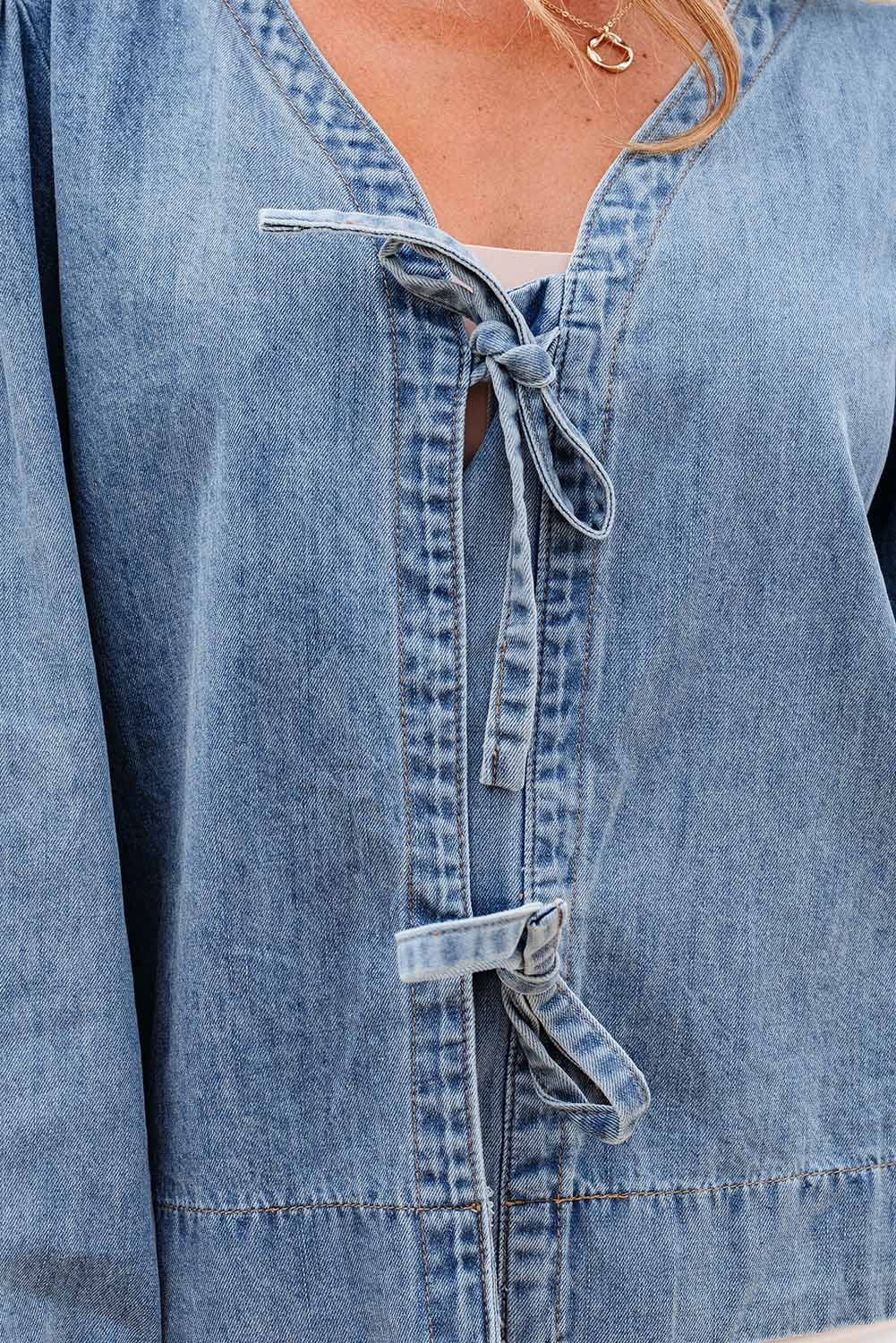 Solid Denim Tie-Front Puff Sleeve Top - Rooted & Reckless Co.