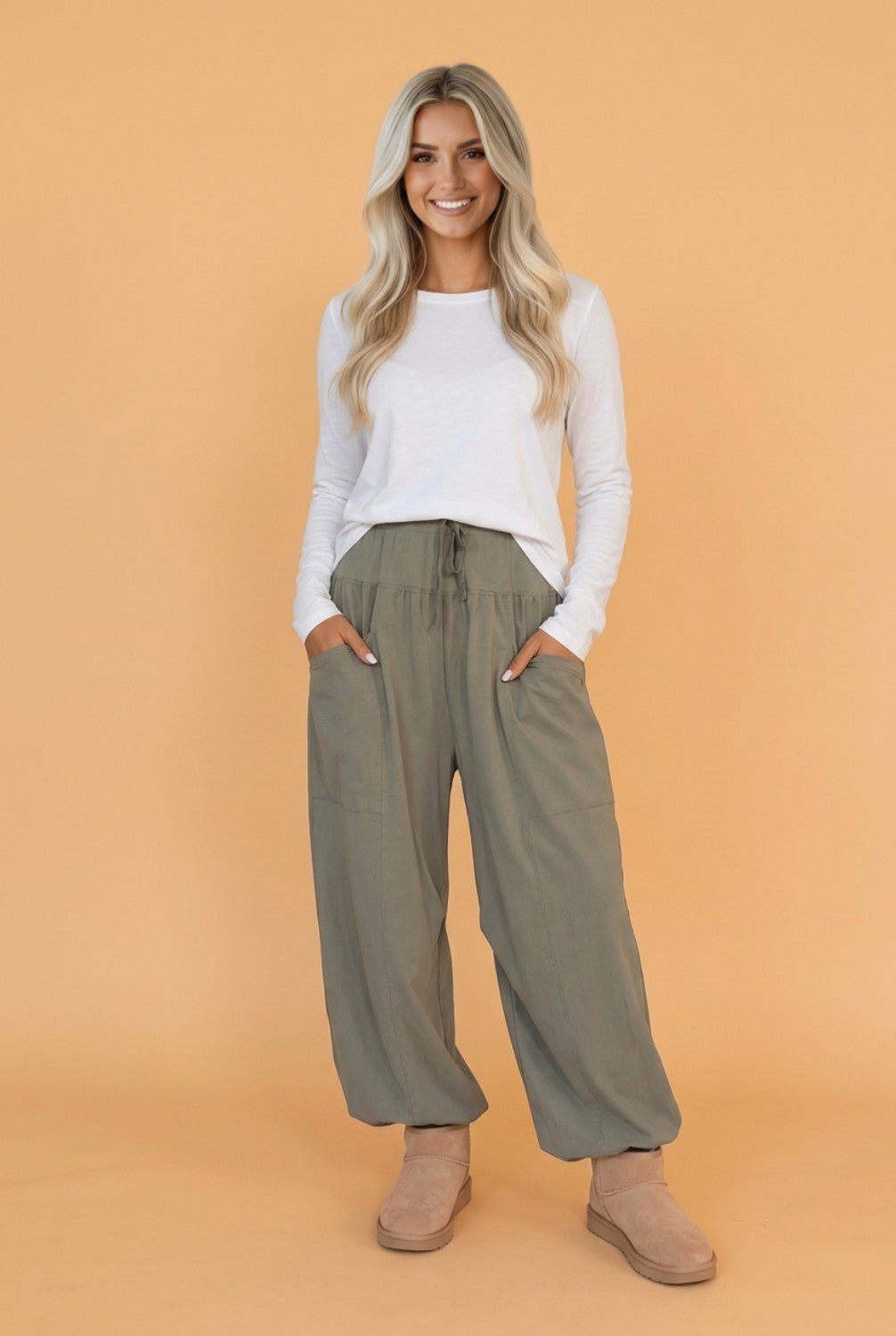 Solid Drawstring Elastic Waist Wide Leg Pants - Rooted & Reckless Co.