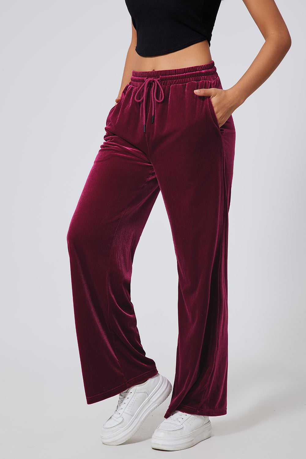 Solid Drawstring Waist Wide Leg Pants - Rooted & Reckless Co.