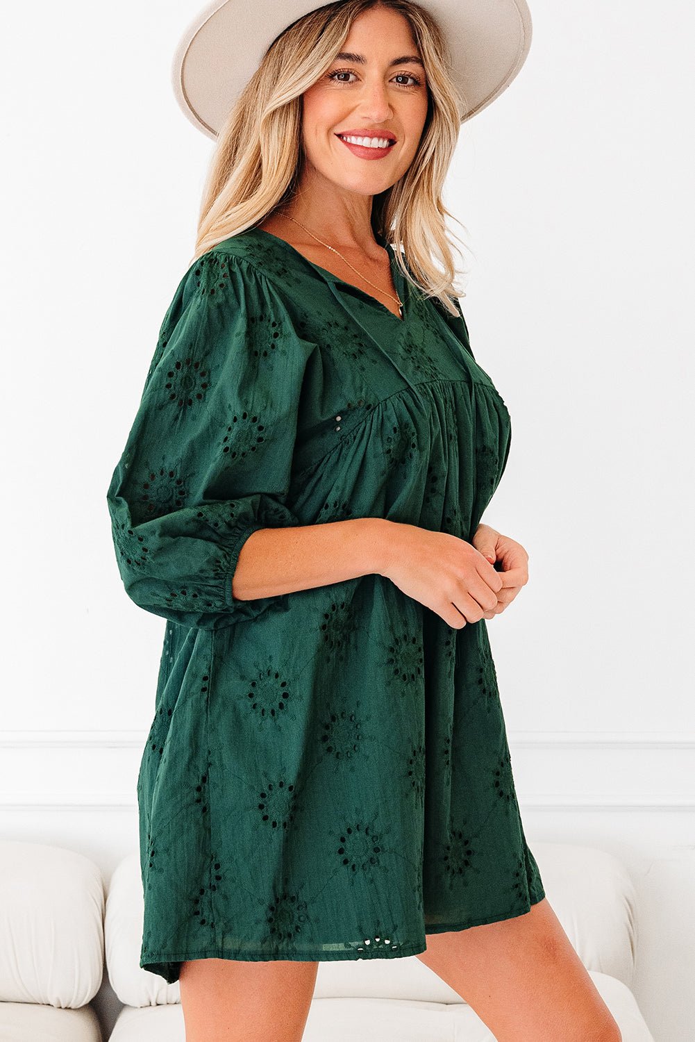 Solid Embroidered Eyelet 3/4 Sleeve Mini Dress - Rooted & Reckless Co.